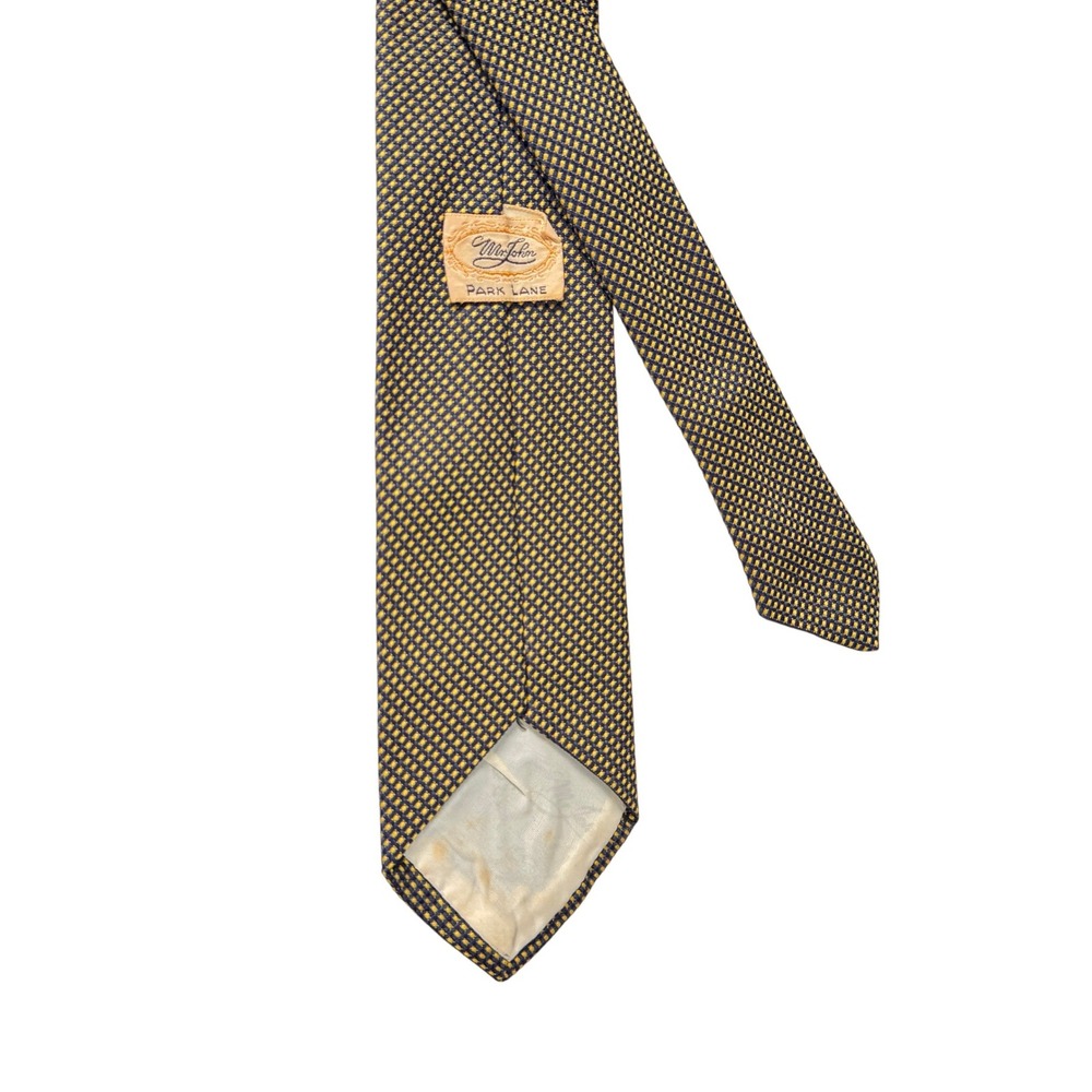 Vintage Mr John Park Lane Gold‎ Navy Blue Micro Check Geometric Woven Men's Tie